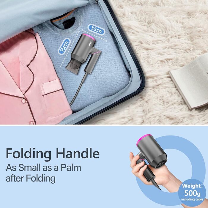 Складаний фен DEWILY Profi: потужний, тихий, з 3 режимами нагріву, з насадкою, сірий