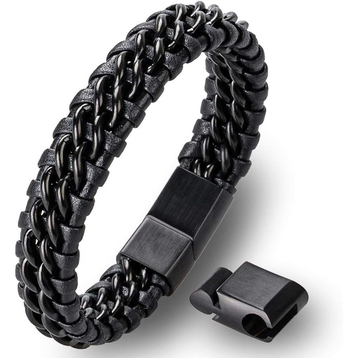 Чоловічий браслет з екошкіри та нержавіючої сталі, плетіння, стилі Рокер, Байкер, Вікінг, Готика, Панк. Чорний, 24 см.