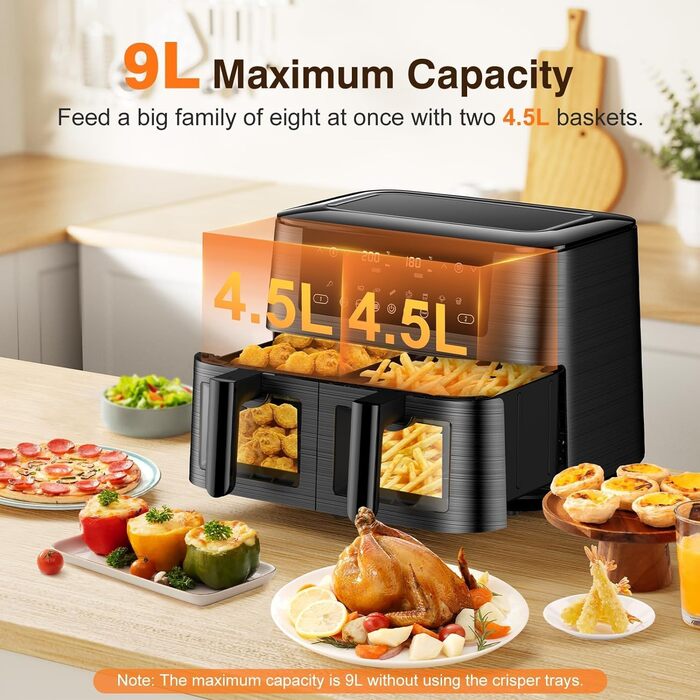 Дво-зонна аерофритюрниця з віконцем, 9 л XL, подвійний Airfryer з двома кошиками, 9-в-1, сенсорне керування, таймер, розумна, для здорового приготування без олії