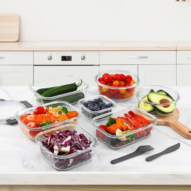 VERONES 24-Piece Crisper Set, Airtight Glass Lunch Boxes, Stackable with Lid, Freezer and Dishwasher Safe, Grey