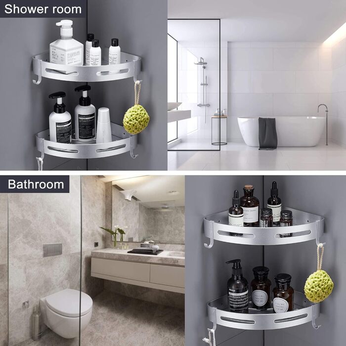 Hoomtaook Shower Shelf No Drilling Corner, Bathroom Shelf Shower Shelf Aluminum Shower Basket Bathroom Accessories Matte Finish Shower Baskets & Shower Shelves Bathroom Shelf 2 Pack with Hooks Silver