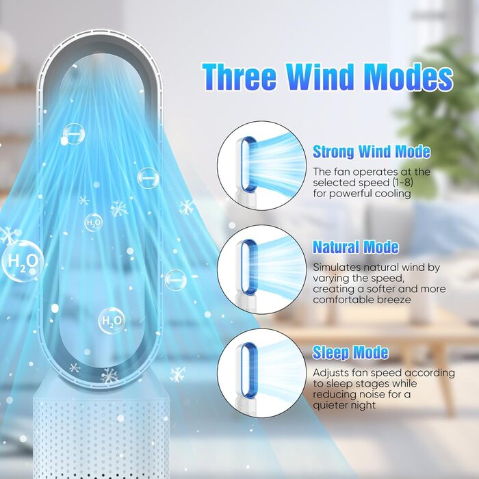 2-в-1 Вентилятор з очищувачем повітря безлопатий, з пультом, 8 швидкостей, осциляція 90°, таймер, для спальні/офісу (срібний)