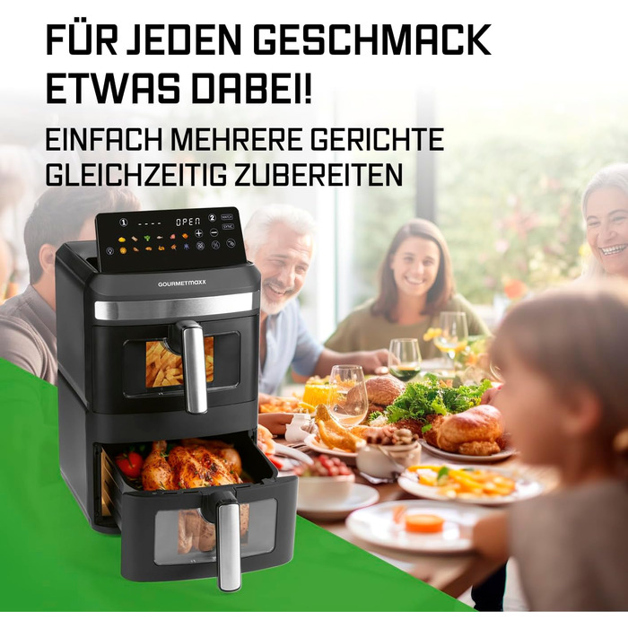 Фритюрниця повітряна Gourmetmaxx AirGenius 9 л (2 x 4,5 л) з 8 програмами | 2 камери для приготування 2 страв одночасно | Сенсорний дисплей | Для 8 осіб