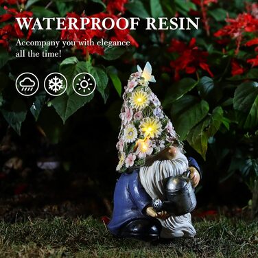 Lewondr Solar Garden Gnome Outdoor Garden Decor, Waterproof Resin Gnome Garden Figurine with Watering Can, Sculpture Garden Decoration with Warm Light Gift for Lawn Yard Patio Veranda
