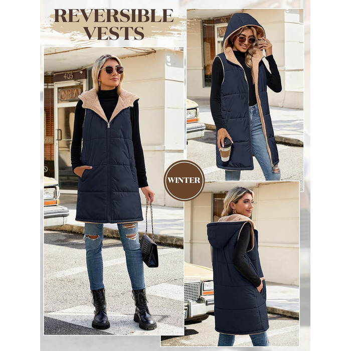 Жіноча жилетка Tuopuda з капюшоном, стельтована, з флісовою підкладкою, тепла зимова куртка, безрукавка, термо жилетка з коміром-стійкою, на блискавці, для осені/зими, колір: морський, розмір L