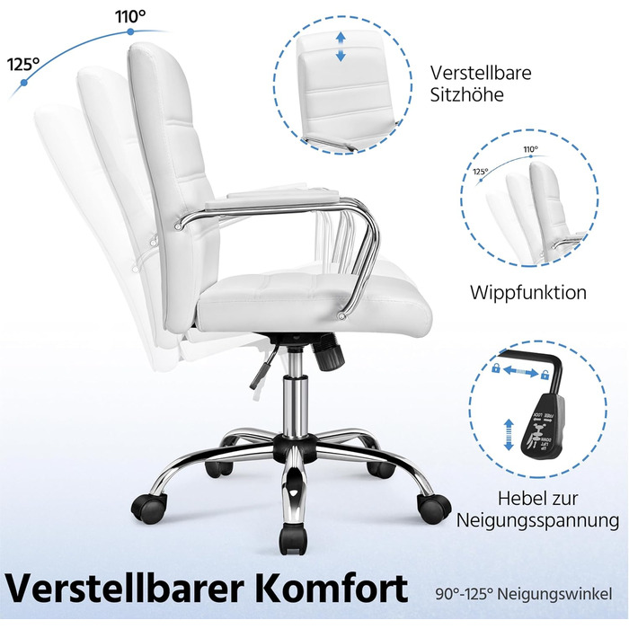 Офісне крісло Yaheetech: ергономічне, з підлокітниками, поворотне, до 130 кг, біле