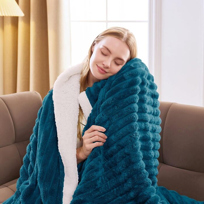 Плед WAVVE Sherpa з плюшем, теплий та м'який, 150x200 см, великий, двосторонній, колір: бірюзовий