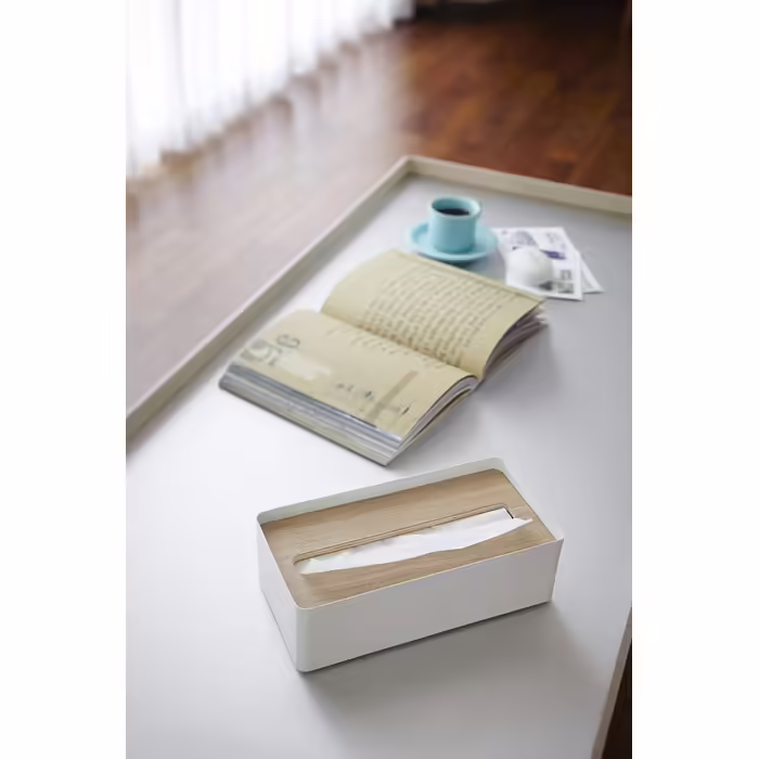 Yamazaki 7730 RIN Tissue Box with Lid, White, Wood/Steel, Minimalist, 26 x 13 x 8.2 cm
