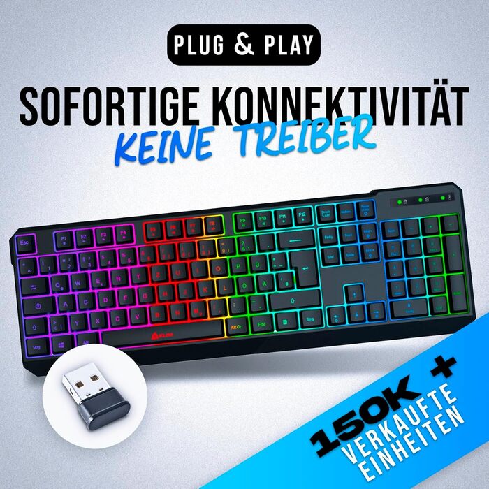 KLIM Chroma Wireless - Бездротова ігрова клавіатура QWERTZ DE з RGB підсвічуванням, тиха та ергономічна, довговічна та водовідштовхуюча - для PC, Mac, PS4, PS5 - Чорна