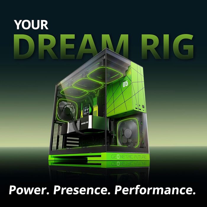 Корпус для ПК Geometric Future M5 з загартованим склом, Mid Tower, E-ATX/ATX, для геймінгу, сталь 1.2 мм, Type C, без інструментів, підтримка радіатора 420/360, подвійний відсік, чорний/зелений, GEO-M5-BNY Black/Green Glass ver