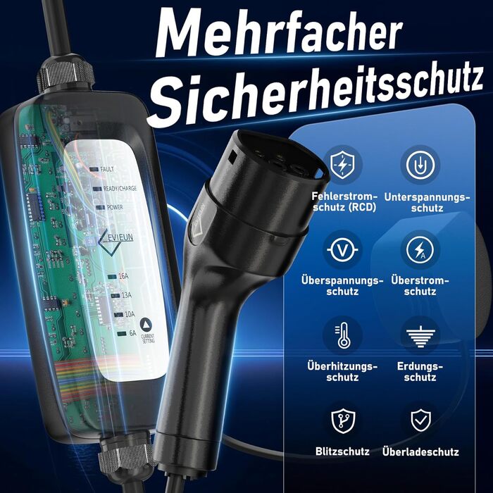 Кабель зарядки Schuko 3.6kW для електромобілів (5м, 6-16A) | Зарядний кабель для електрокар з регулюванням струму | Сумісний з ID.3/ID.4, Model 3/Y, ZOE, Q3/Q5 та ін. (EV/PHEV) Чорний - Upgrade, без дисплея 5 м