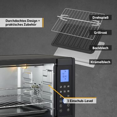 Міні-піч TZS First Austria Digital 30L 1600W з регулюванням температури, таймером та аксесуарами - для кухні та кемпінгу