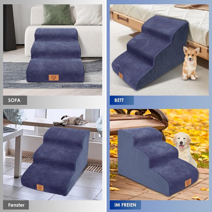 Dog stairs for small dogs, 4 steps pet stairs made of foam with a waterproof cover, detachable dog ramp cat stairs for sofa bed, send 1 fuzz roller (3 steps blue dog stairs)