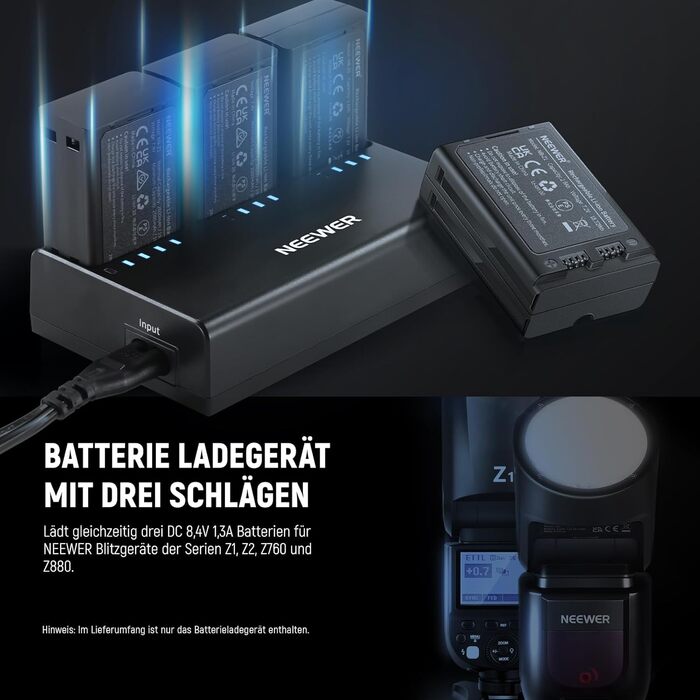 Зарядний пристрій для спалахів NEEWER Z2, Z1, Z760, Z880 (3 слоти), 7.4V/2600mAh, Li-Ion, з адаптером живлення (EU)
