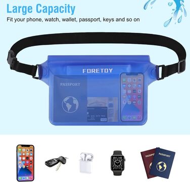 Водонепроникна сумка-чохол на пояс з регульованим ремінцем, IP68, для фото, водного спорту, пляжу, плавання, риболовлі (Чорний + Синій)