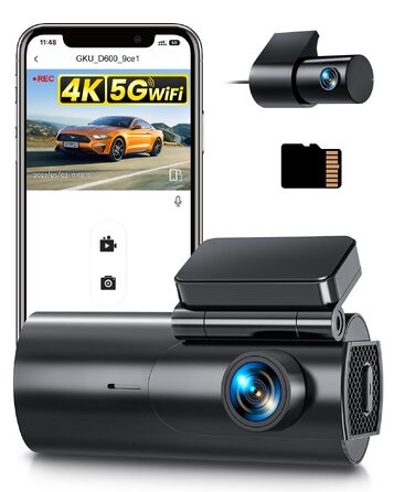 Автомобільний відеореєстратор GKU 4K+1080P (передній та задній), 5GHz WiFi, з карткою пам'яті 64GB, глянцевий чорний