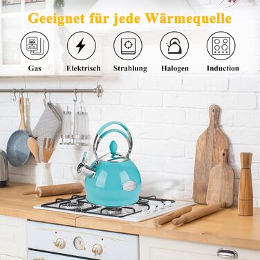 Кришка-свисток з нержавіючої сталі 2.6 л, сумісна з усіма плитами, включаючи індукційну (блакитна)