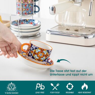 Набір чашок для еспресо Vancasso 4 шт., 150 мл SIMI: чашки з підставками та стійкою, керамічні, для капучино, еспресо, лате