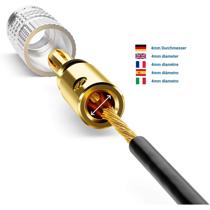 Бананові конектори deleyCON (24 шт.) - позолочені, для акустичних кабелів 0,75-4,5 мм, Hi-Fi ресивери, сріблясті