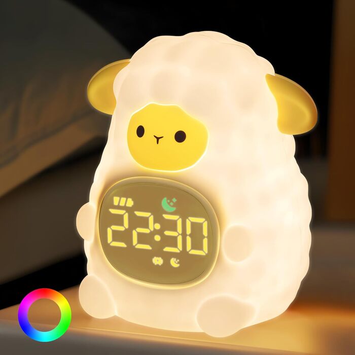 Alarm clock with night light for children, featuring sleep training and sound machine functions, rechargeable silicone wake-up lamp, cute animal table lamp, perfect sleep companion for boys and girls.