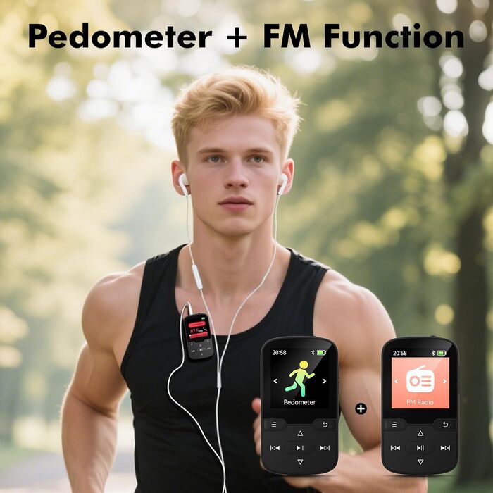 MP3 плеєр Bluetooth 5.3 з кліпсою, HiFi спортивний плеєр для дітей з FM-радіо, диктофоном та крокоміром, 64GB, чорний