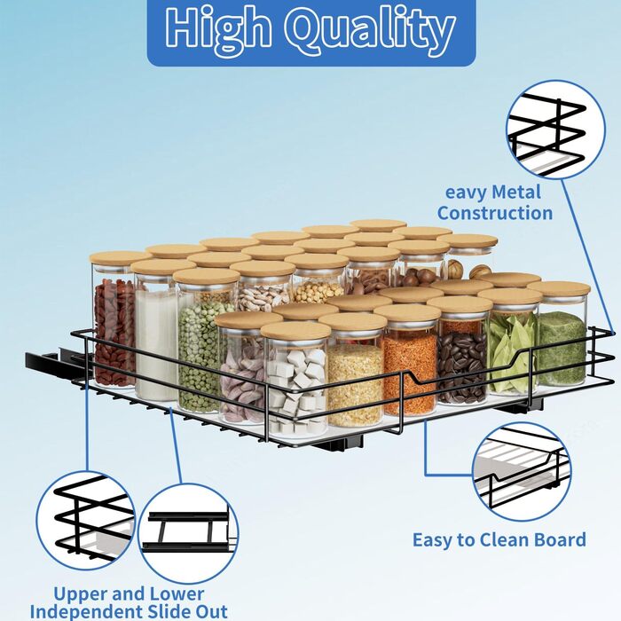 AIRUJIA Pull Out Spice Rack, 2-Tier Dish Cabinet Organizer, Spice Rack Cabinet, Spice Rack, Lift-up Sink Shelf, Spice Organizer for Kitchen, L26.4*W23.2*H23CM (L27*W32.2*H6CM - Single Layer)