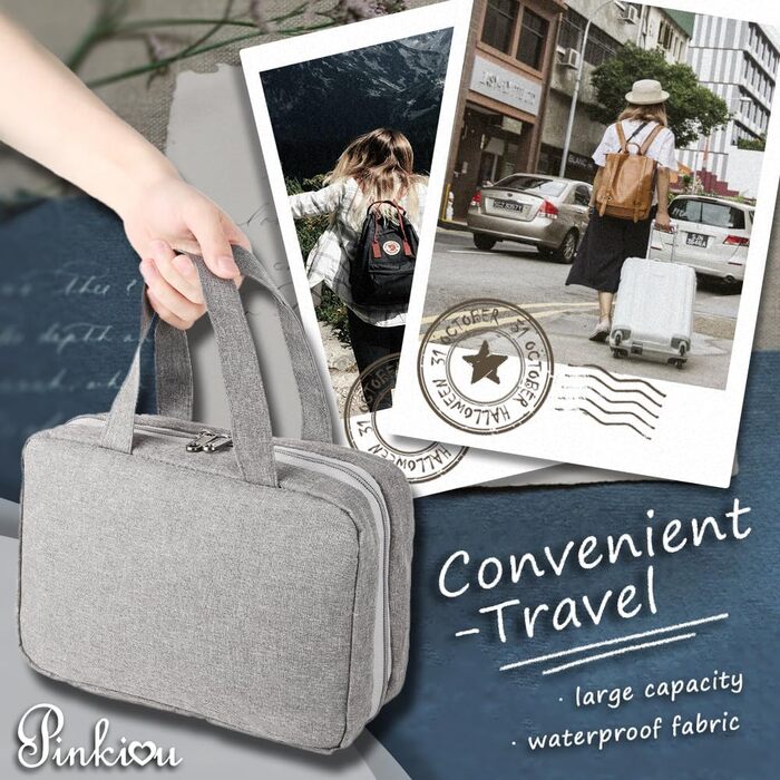 Кришталево-сіра дорожня косметичка Pinkiou з гачком для підвішування - велика, водонепроникна, для жінок