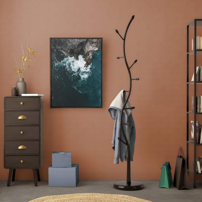 Versa Swindon Minimalist Coat Rack for the Entrance Area, with 9 Hooks for Clothes or Bags, Dimensions (H x W x D) 185 x 32 x 32 cm, Metal, Color: (Black)