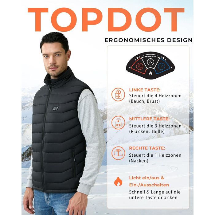 Електрична гріюча жилетка Topdot для чоловіків з Powerbank 7.4V 16000mAh, 8 нагрівальних зон, 3 температурні режими, для активного відпочинку, катання на лижах та риболовлі