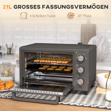 HOMCOM 21L Mini Oven 1400W 60 Min. Timer, Small Oven with Adjustable Temperature 100°C-230°C Baking Time, Mini Oven with Baking Tray, Wire Rack, Stainless Steel Table Oven, Grey | Aosom