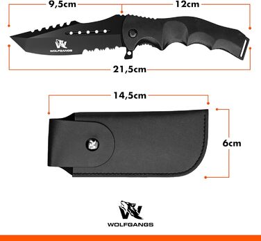 Wolfgang's UNDIQUE One-Handed Folding Knife made from fine 440C steel - One-Handed knife with leather holster - Outdoor knife with multi-functional blade - Strong survival - Hunting knife Bushcraft One-Handed Folding Knife FullBlack