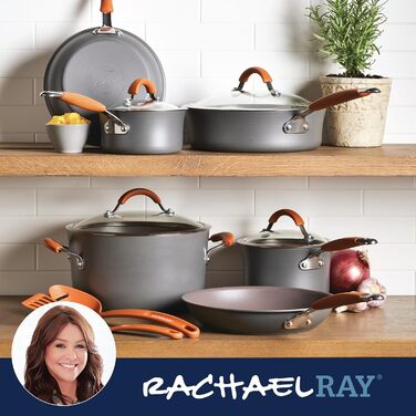 Набір посуду Rachael Ray Cucina, 12 предметів, антипригарне покриття, сірий з помаранчевими ручками