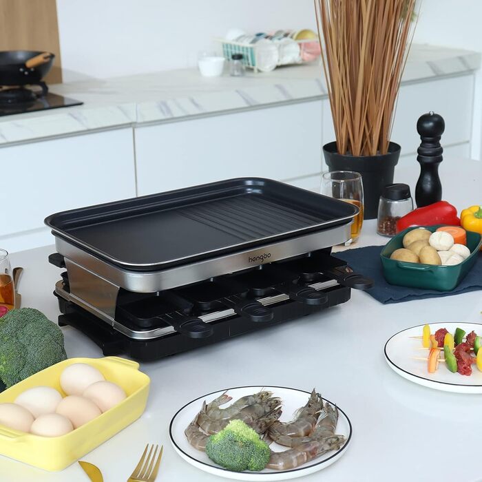 Raclette Grill for 8 People, Grill Plate with Non-Stick Coating, Raclette with 8 Mini Raclette Pans & 4 Wooden Spatulas, Continuously Adjustable Temperature, 1500W, Stainless Steel