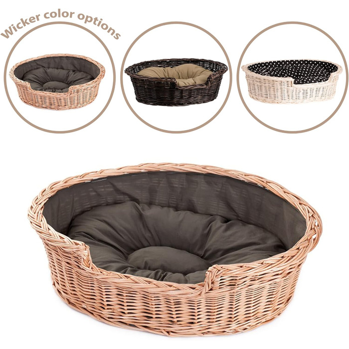 Wicker Dog Basket for Dog and Cat, Dog Bed, Cat Bed with Cushion, Pet Basket, Woven Cat Basket, 60x43 x H19 cm