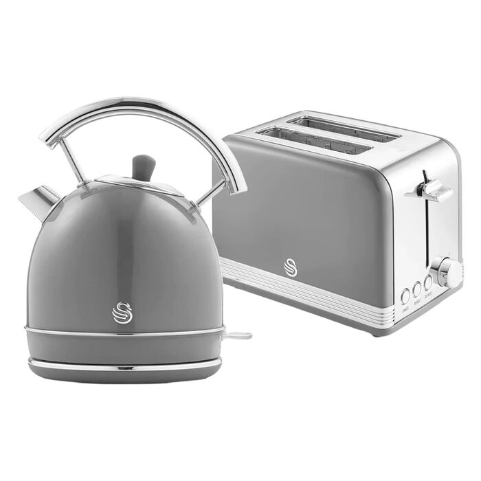 Набір Swan Retro: чайник 1,8л та тостер з 2 слотами, сірий, вінтажний дизайн
