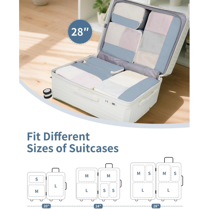 Набір органайзерів для валізи Narwey 7 шт., Packing Cubes для подорожей, рюкзаків, валіз (смугастий, Y-граублау)