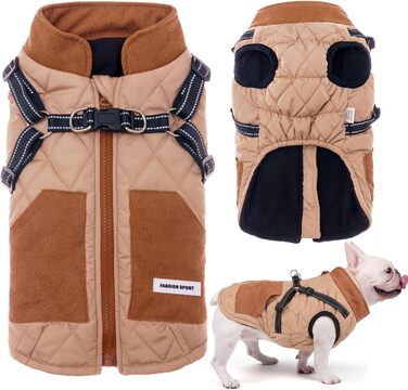 Dog coats with harness, winter warm jacket windproof pet clothing with pocket design snowsuit dog coats for small to medium dogs (M, Khaki)