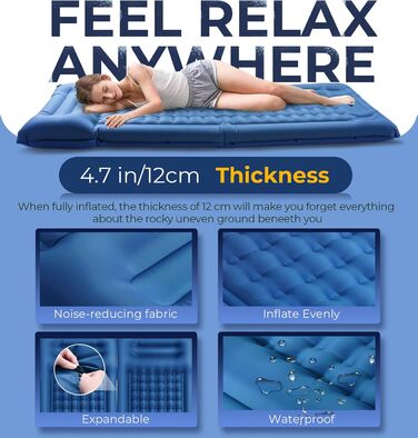 Надувний килимок Isomatte самонадувний з інтегрованими подушками для кемпінгу, подорожей, пляжу, пікніка, намету (Темно-синій, Одинарний)