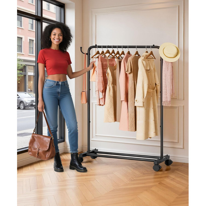 Міцний вішак для одягу на колесах Yorbay: металева стійка з полицею для багажу. Компактна вішалка для одягу в спальню, пральню, магазин (81 см). Чорний колір, 81 см
