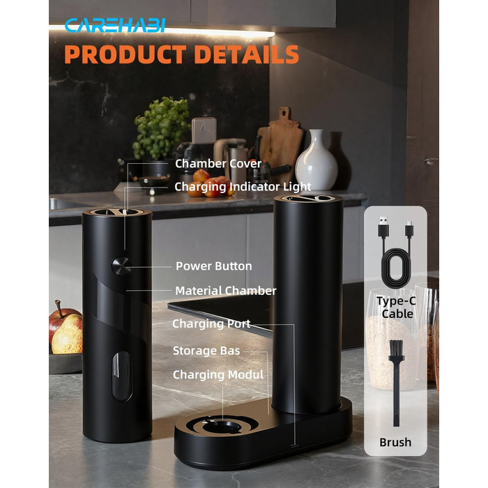 Набір електричних мельниць для солі та перцю з заряджною станцією, об'єм 110 мл, 5 ступенів помелу, керамічна млинка, щітка, 2 шт., чорний