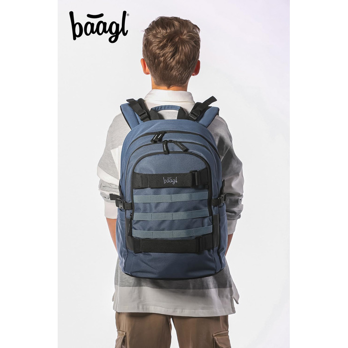 Шкільний рюкзак Baagl для хлопчиків та дівчаток-підлітків зі скейтбордом, відділенням для ноутбука та нагрудною стрічкою (Dust Blue)