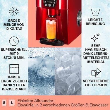 Машина для приготування льоду Klarstein Eiswürfelmaschine Klein, 2L, червона, з дозатором води, для 12 кг льоду, швидка, з сигналом
