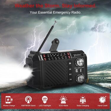 Радіо-приймач Kurbelradio з сонячною панеллю, Powerbank 2600mAh, AM/FM/SW, LED-ліхтарик та SOS-сигналом для надзвичайних ситуацій (Чорний)