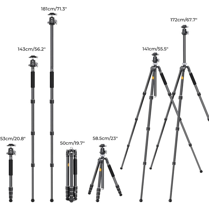 Штатив для камери K&F Concept 156cm з вуглецевого волокна, компактний, знімний монопод, кульова головка 360°, вантажопідйомність 15 кг, A255C2+BH-36L