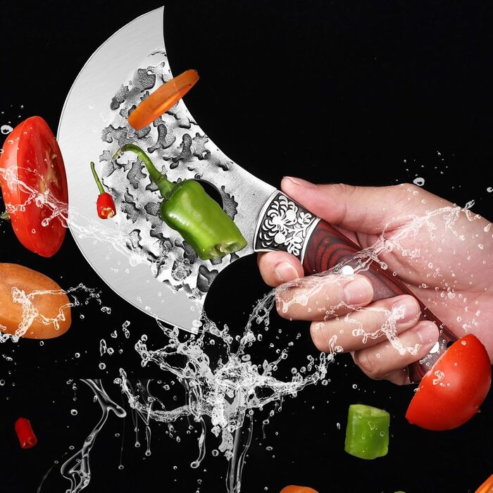 Японський ніж Doklasu для обробки м'яса, ручної роботи, Full Tang, сталь 5Cr15MoV, з червоним дерев'яним руків'ям та піхвою (10 см, стиль Ulu)