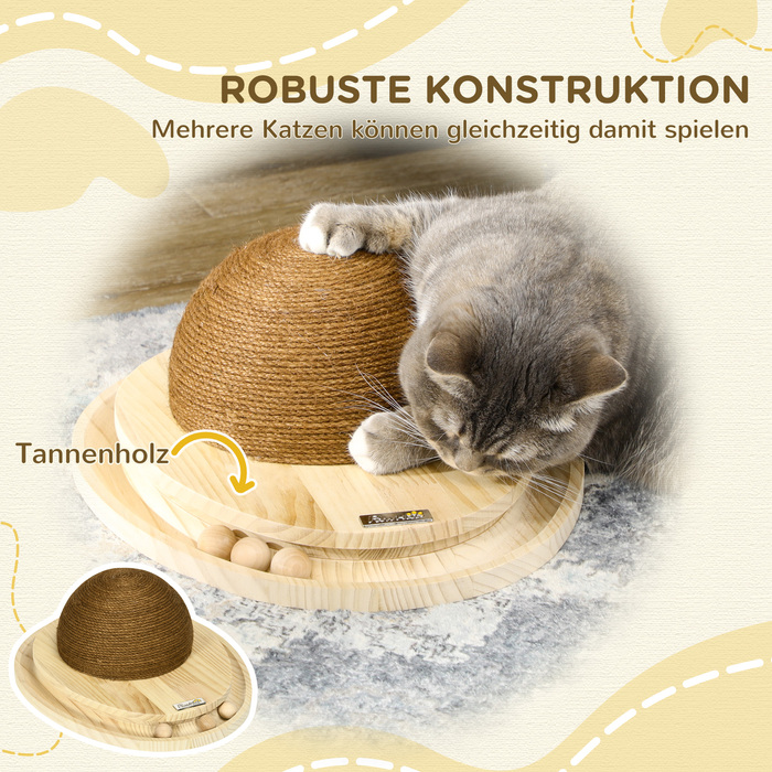 PawHut Interactive Cat Toy 2-in-1 Scratching Post with Scratching Board and Ball Track made of Jute and Pine Wood in Natural and Coffee 39.5x32.5x14.5 cm