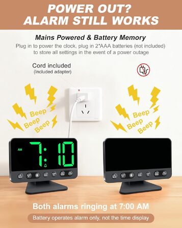 Цифровий будильник LED з RGB-підсвіткою, потужний сигнал 30-110 дБ для міцного сну, USB-порт, функція Snooze, настільний годинник (Зелений)