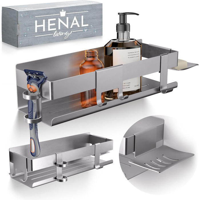 HENAL Shower Shelf Set 5 in 1, Brushed Stainless Steel Shower Shelf without Drilling, Shower Shelf including Razor Holder, Squeegee Holder, Soap Dish & Hook, XXL Bathroom Organizer