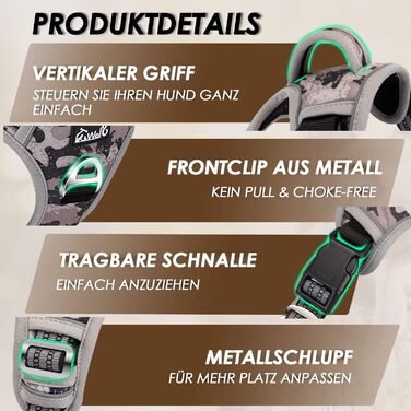 Шлейка для собак великих порід, анти-тяга, з 2 карабінами та зручною ручкою, регульована, світловідбиваюча, з м'якою підкладкою (L), колір: Tarngrau