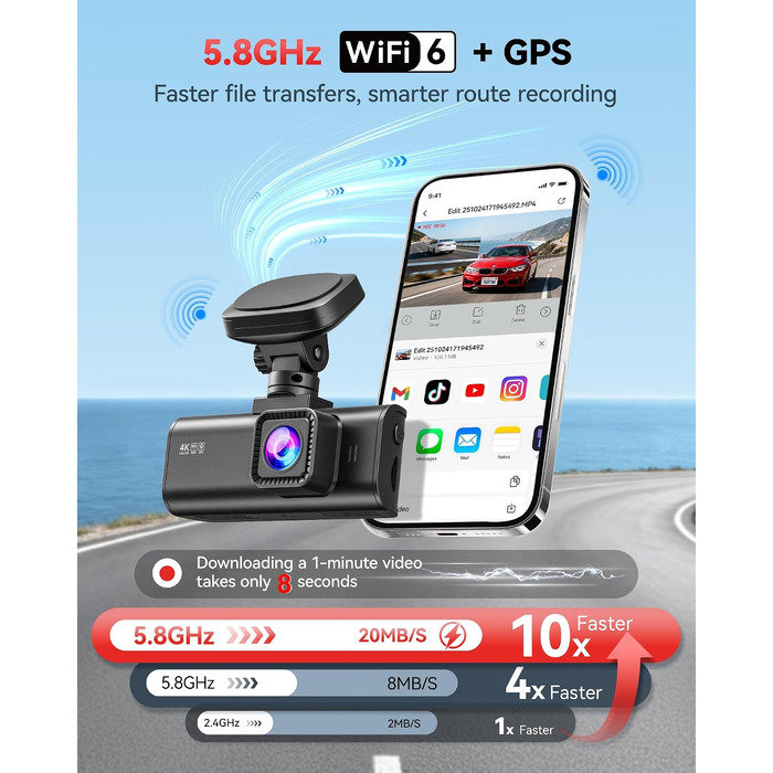 Автомобільний відеореєстратор REDTIGER F7N 4K Ultra HD (передня та задня камери 1080P), WiFi 5.8 ГГц, GPS, нічна зйомка, 24гд паркування, 64 ГБ карта пам'яті, 3.18